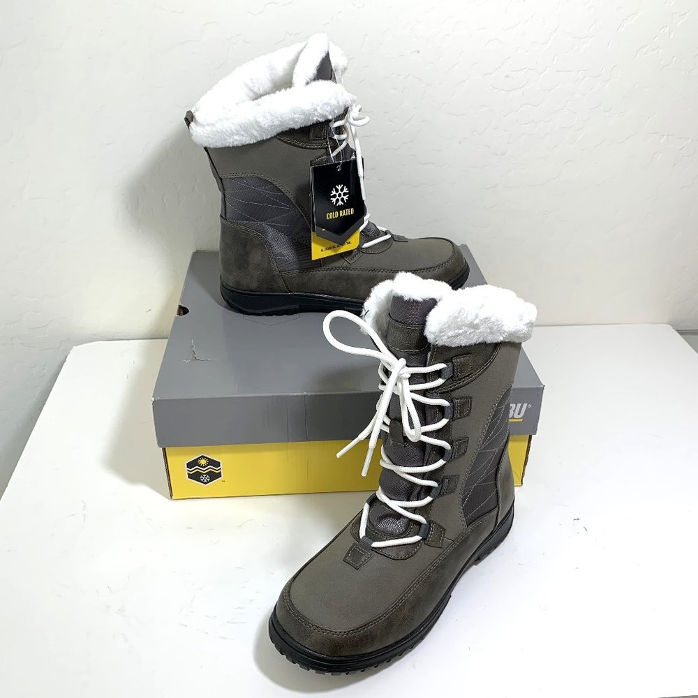 Khombu Whitney Boots Lace Up Faux Fur Booties Waterproof Gray Size 7 NEW
